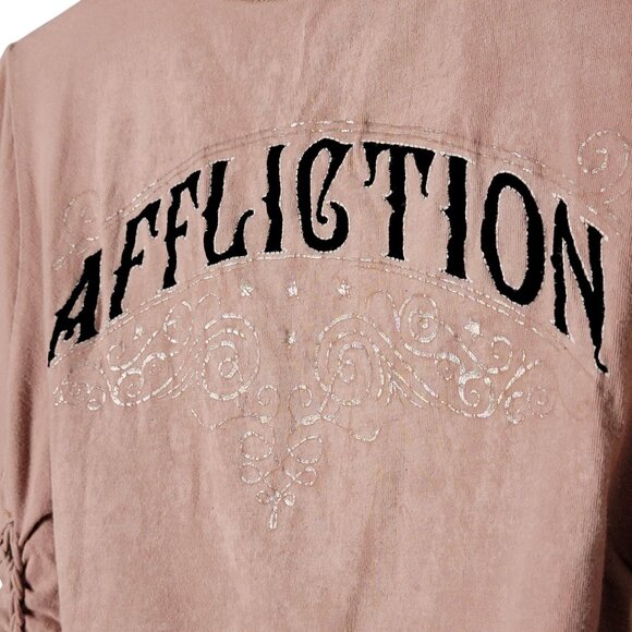 Affliction Womens Alchemy Foiled Velvet Graphic Spellout Braided Sides Shirt Med - Picture 7 of 11